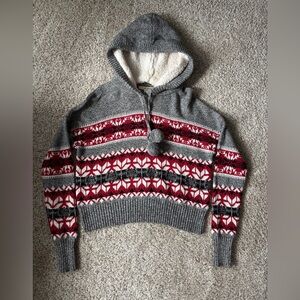 YET AGAIN Fair Isle Sweater Sherpa-lined Hoodie Pom-Pom Drawstring Gray & Red M